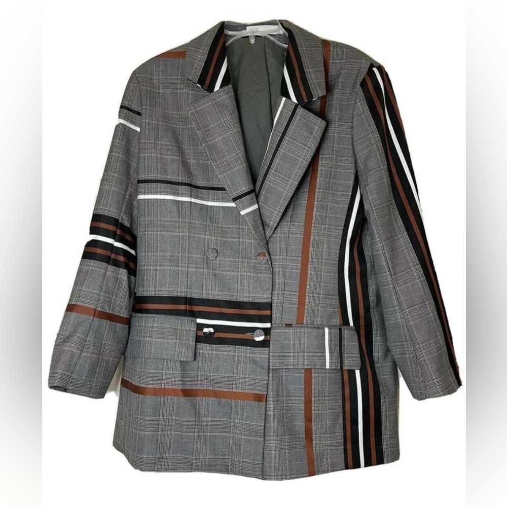 ASOS oversized gray plaid double breasted blazer jacket stripes tartan suit zara